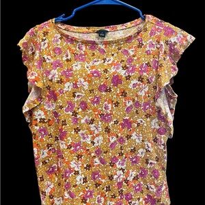 Ann Taylor Floral Ruffle Sleeve Tank - Pink, Mustard, White